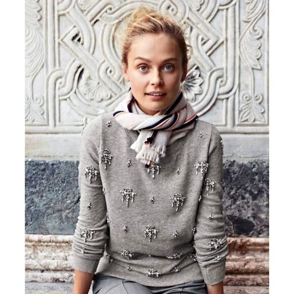 J Crew Sweatshirt Women Small Gray Cotton‎ Rhinestone Embellished Top Preppy - Picture 1 of 9